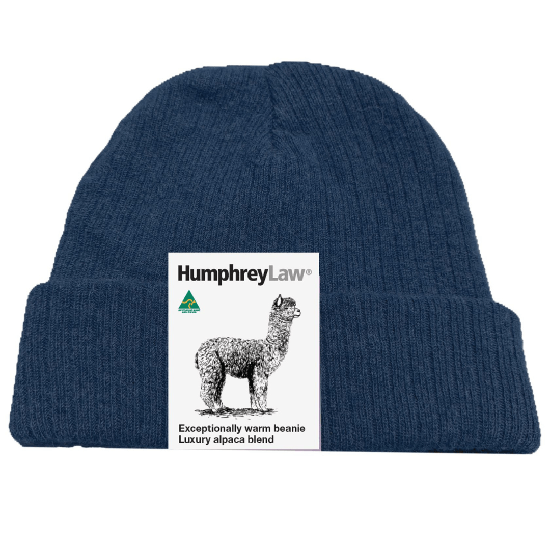 Humphrey Law alpaca beanie in denim, a soft warm baby alpaca blend beanie available at Stewart's Menswear Mullumbimby. 