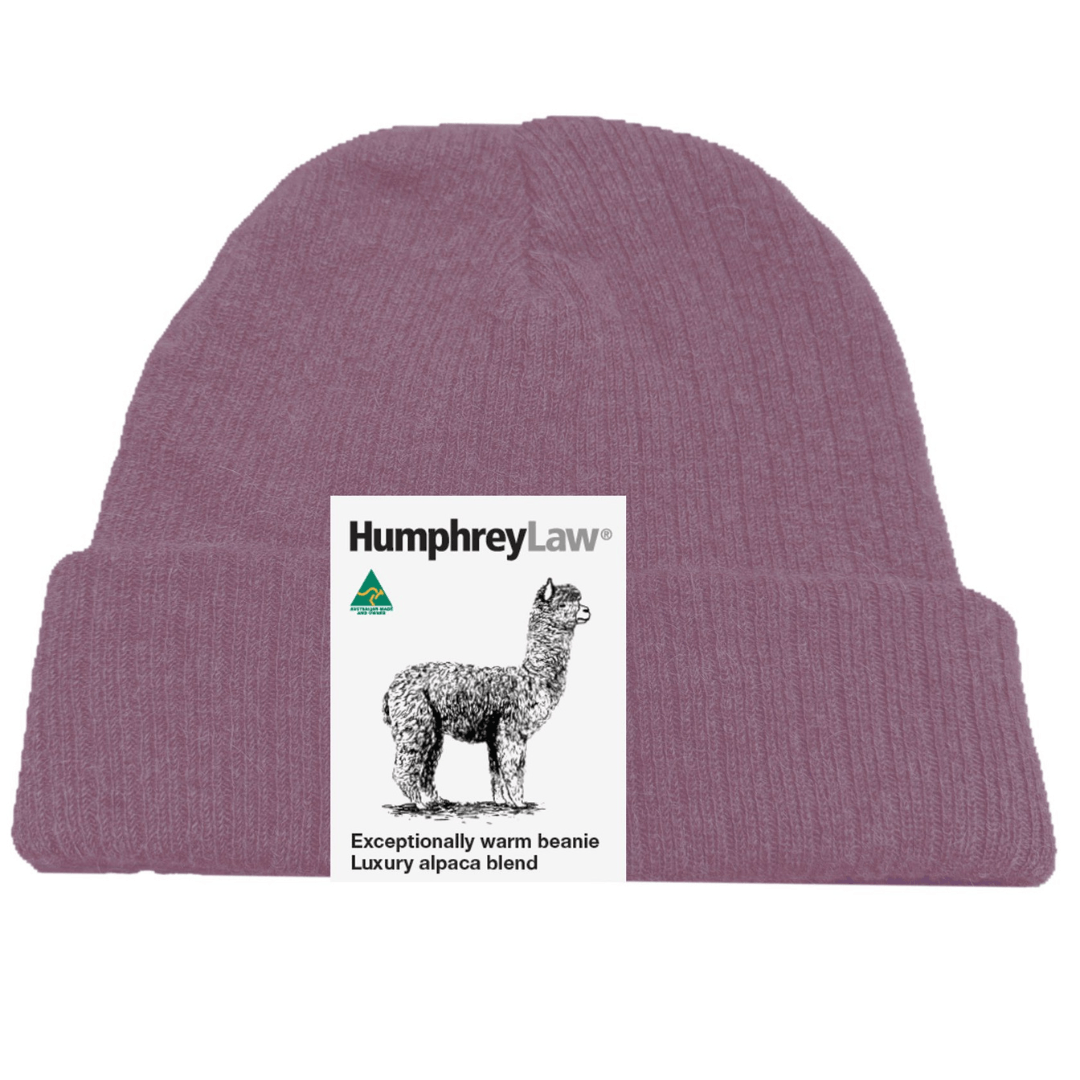 Humphrey Law alpaca beanie in Old Rose, a soft warm baby alpaca blend beanie available at Stewart's Menswear Mullumbimby. 