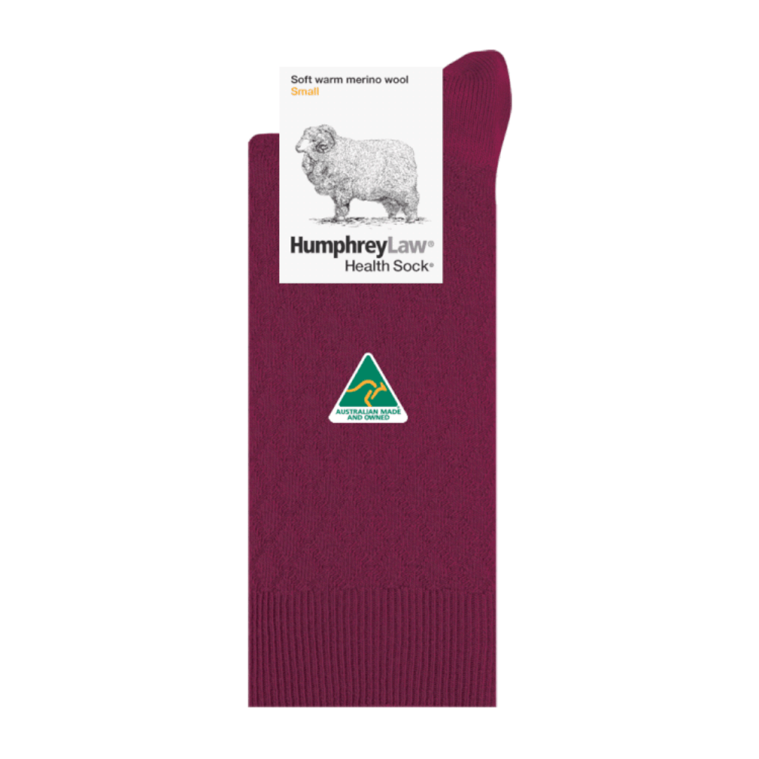 Quilted merino wool ladies' Health Sock in Berry Style 44C, available in small and medium sizes from Stewart's Menswear.