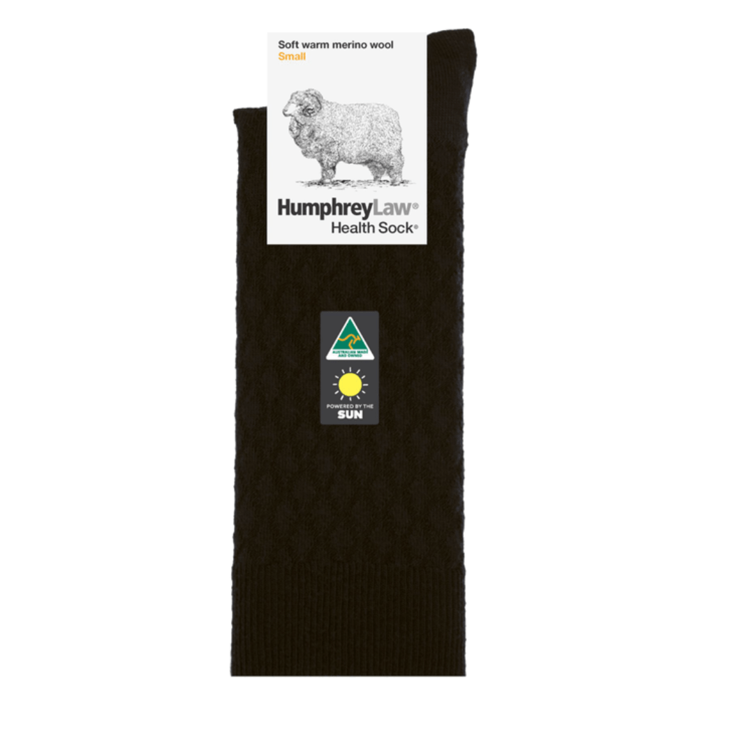 Quilted merino wool ladies' Health Sock in Black Style 44C, available in small and medium sizes from Stewart's Menswear.