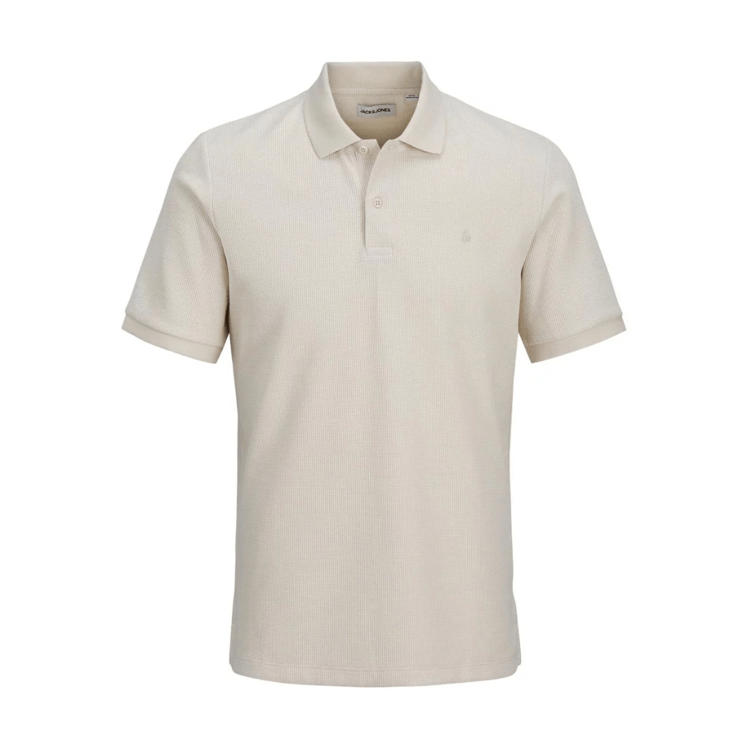 Jack & Jones Austin Polo Shirt in moonbeam, men's cotton jersey polo with classic collar, available at Stewart's Menswear Mullumbimby.