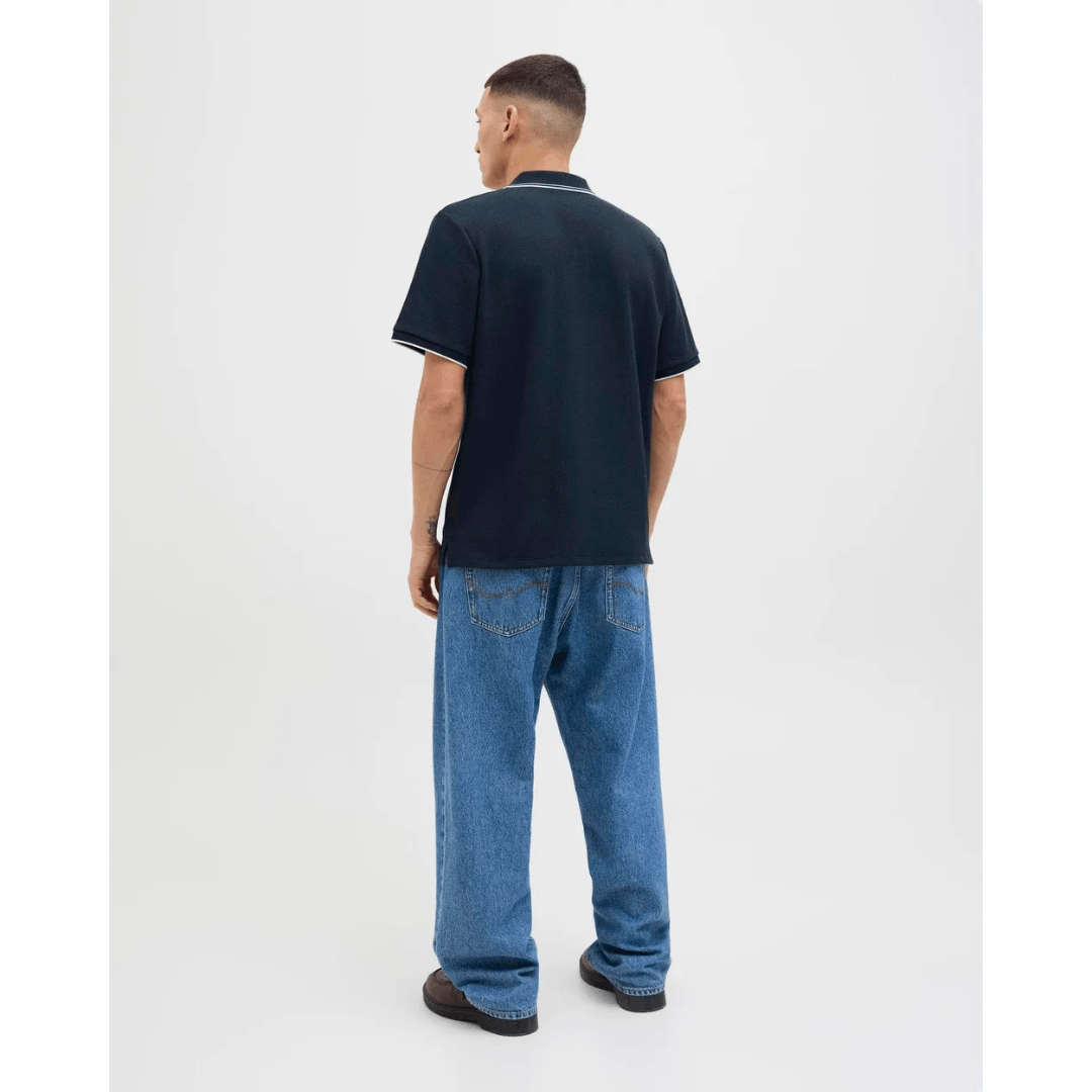Back view of Jack & Jones Austin Polo Shirt in Sky Captain, men's cotton jersey polo with classic collar, available at Stewart's Menswear Mullumbimby.