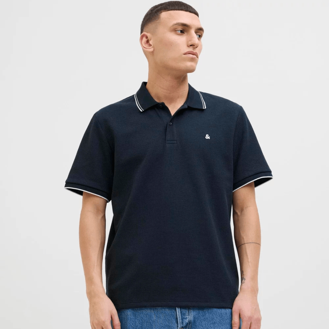 Jack & Jones Austin Polo Shirt in Sky Captain, men's cotton jersey polo with classic collar, available at Stewart's Menswear Mullumbimby.