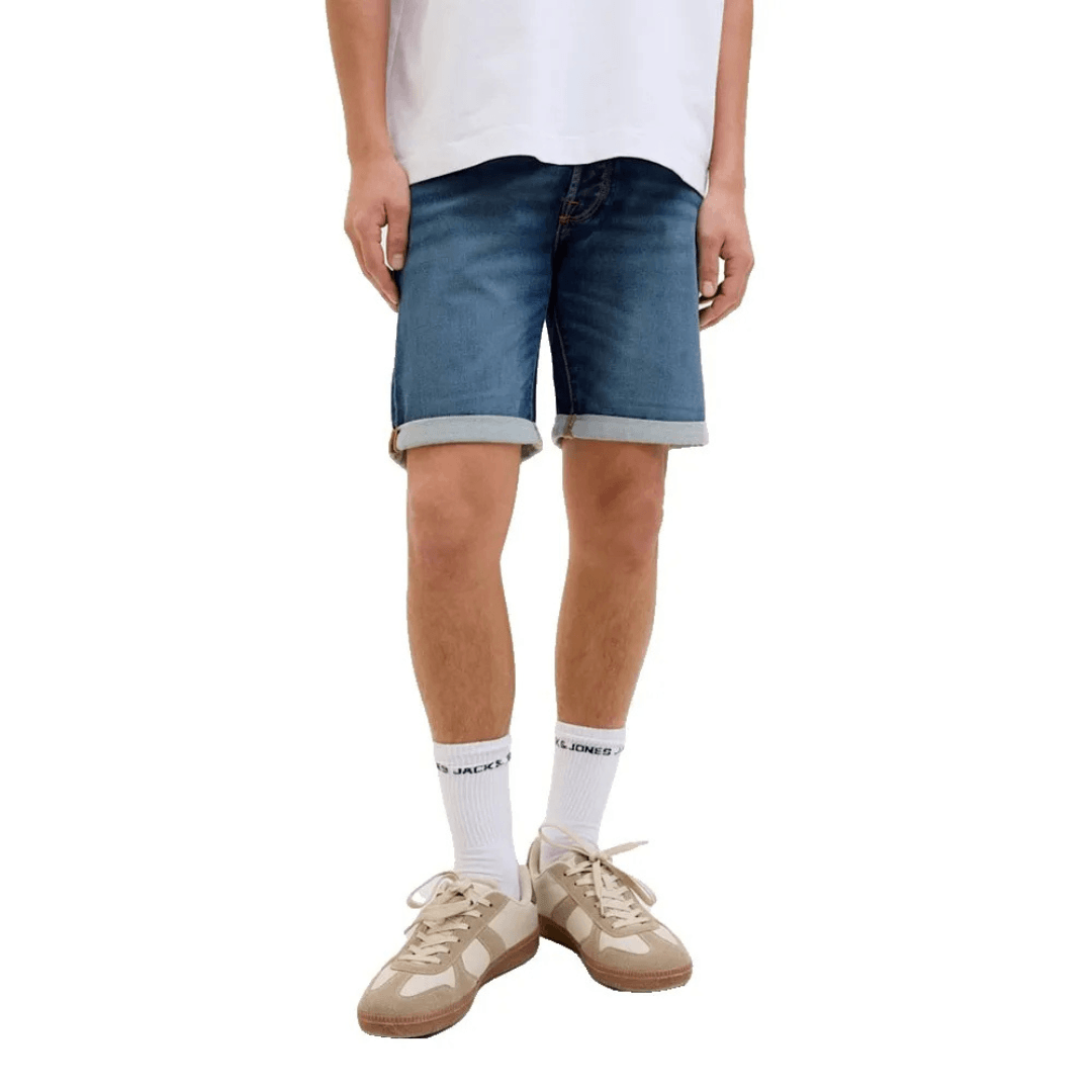 Model wearing Jack & Jones Rick Icon Shorts, men's denim-style twill weave shorts, available at Stewart's Menswear Mullumbimby.