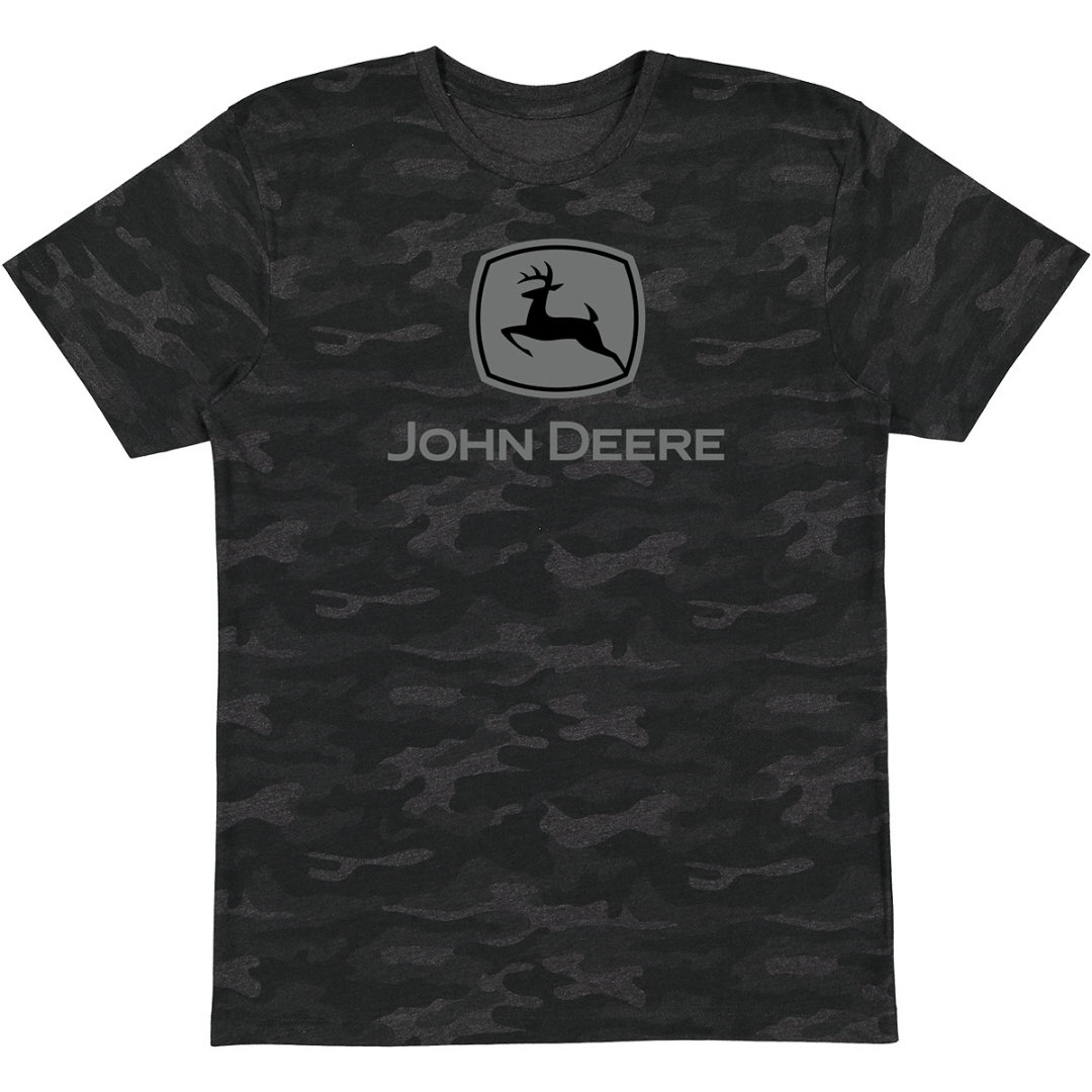 Stewarts Menswear John Deere Black Camo logo tee. John Deere storm camo t-shirt with trademark logo screen print on centre front