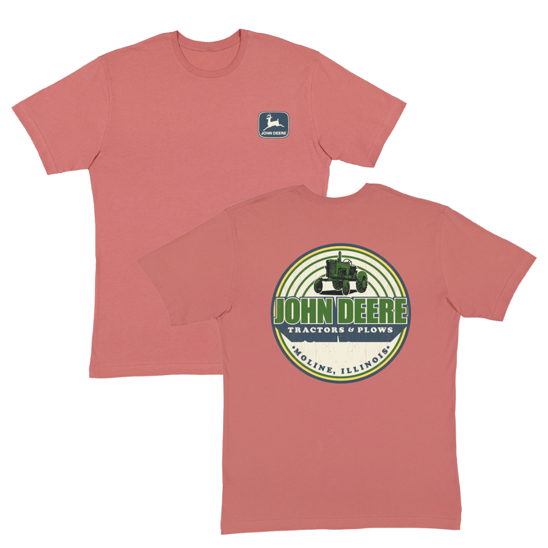 Stewarts Menswear John Deere Graphic Tee. Officially Licensed John Deere Rouge Graphic Tee with screen print John Deere logo on left chest and vintage-look John Deere tractors & plows printed on centre of the back. Colour is Rouge.
