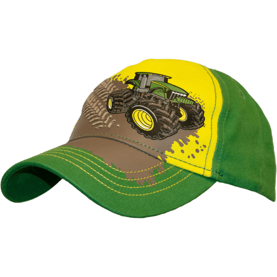 Stewarts Menswear John Deere kids cap. John Deere kids / toddler yellow / green cap with screen print logo and adjustable hook and loop closure. Design on front is a tractor driving through mud.