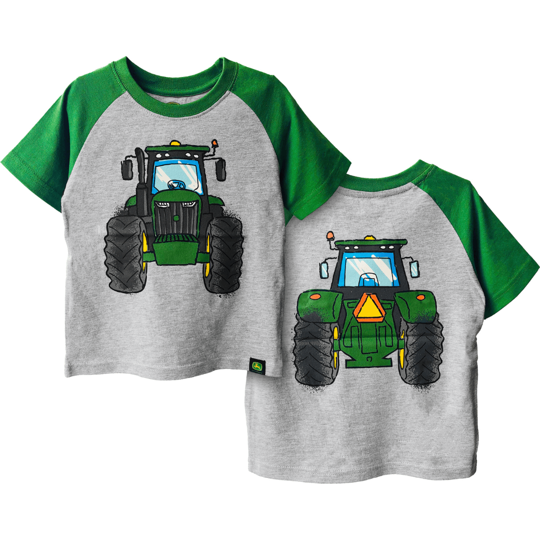 Stewarts Menswear John Deere Kids t-shirt, Coming and Going. Toddler / kids t-shirt light grey / green t-shirt with tractor coming on front and tractor going on the back. Grey marle colour with Green raglan sleeves. Truly an eyecatcher from every angle.