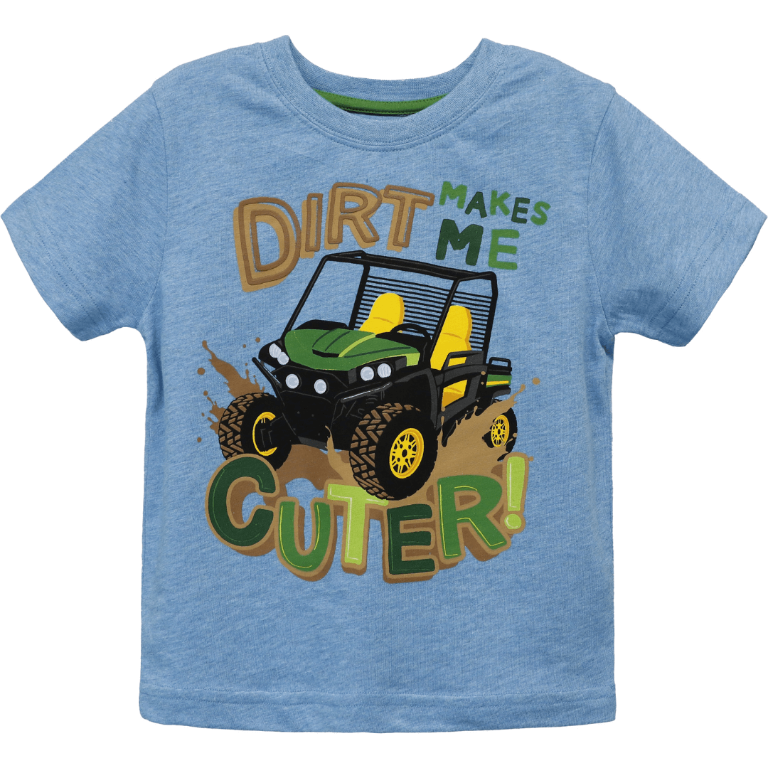 Stewarts Menswear John Deere Kids Tee-shirt. Toddler / kids soft round neck t-shirt in light blue with a picture of an All Terrain Vehicle and text print "Dirt makes me cuter!"