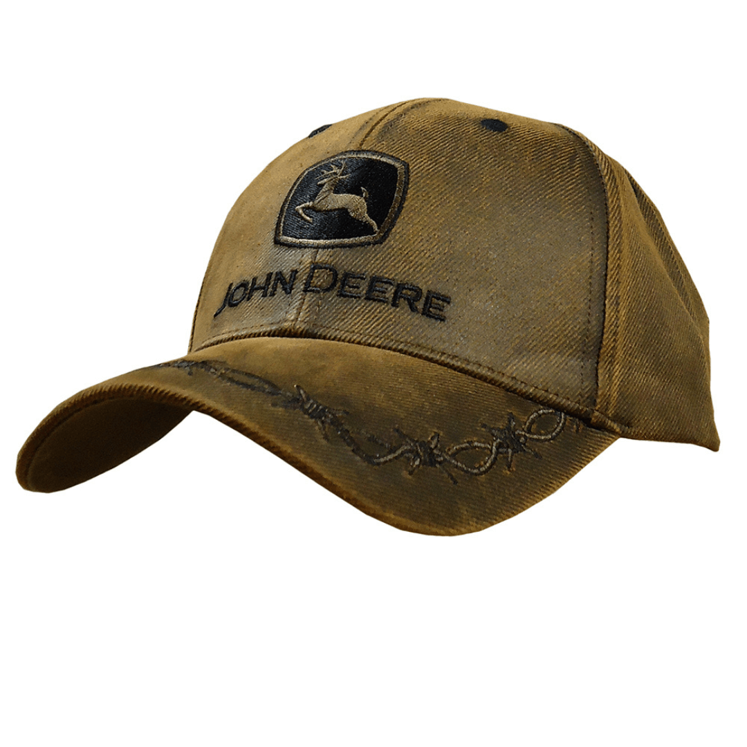 Stewarts Menswear John Deere men's oilskin cap. Features John Deere Logo on front and barbed wire stitched design on peak. Adjustable velcro closure at back.