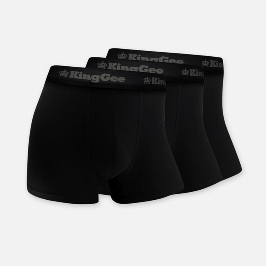 Stewarts Menswear King Gee Bamboo Trunk 3 pack. Features a super soft waistband and made from breathable, naturally antibacterial bamboo to keep you cool and comfortable all day long. Pack includes 3 x black King Gee Bamboo trunks.