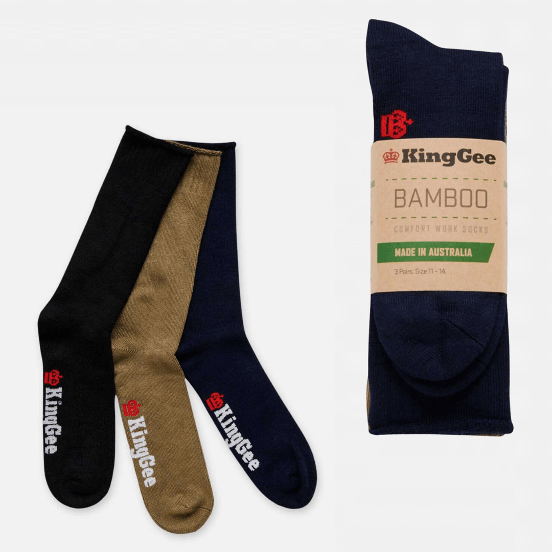 King Gee Men’s Bamboo Crew Work Socks Mixed 3 Pack. Australian made bamboo blend socks, available at Stewart’s Menswear Mullumbimby. Each 3 pack contains 1 x black, 1 x khaki and 1 x navy pair of socks.