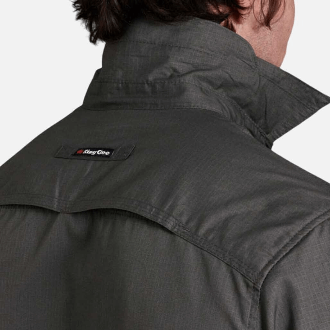 Close up view of Sun safe collar in green coloured King Gee workcool 2 ripstop cotton vented work shirt.