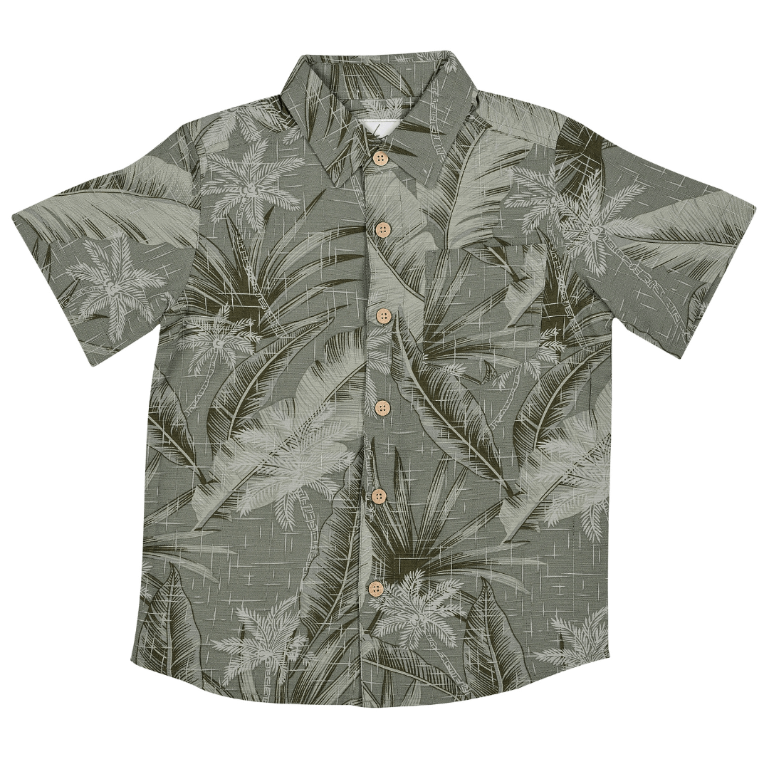 Kingston Grange Boys’ Bamboo Short Sleeve Shirt available at Stewart’s Menswear Mullumbimby. Amazon is a green/khaki monochromatic shirt with tropical leaf print all over 