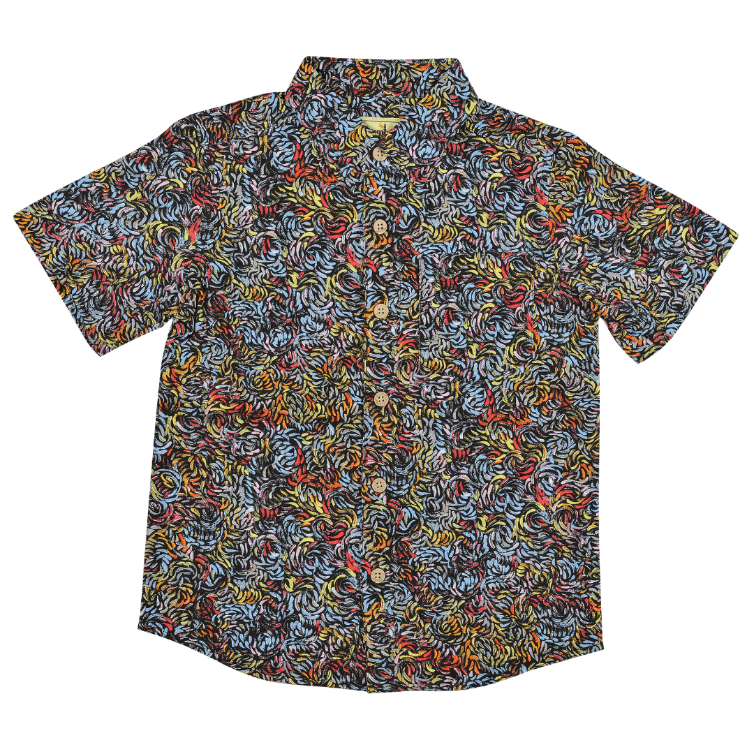 Kingston Grange Boys’ Bamboo Short Sleeve Shirt available at Stewart’s Menswear Mullumbimby. Skinny Bush Banana is a brightly coloured shirt featuring an all over aboriginal art print