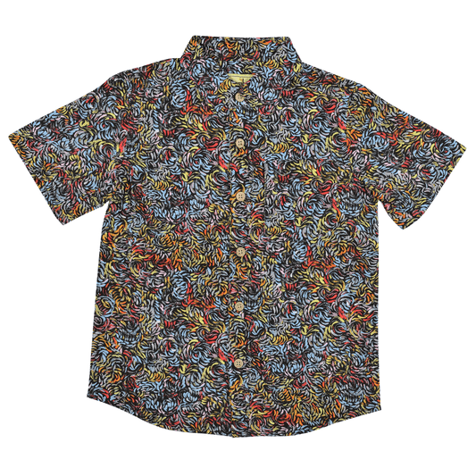 Kingston Grange Boys’ Bamboo Short Sleeve Shirt available at Stewart’s Menswear Mullumbimby. Skinny Bush Banana is a brightly coloured shirt featuring an all over aboriginal art print