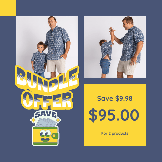 Promotional graphic for a bundle offer with a father and son wearing matching outfits.