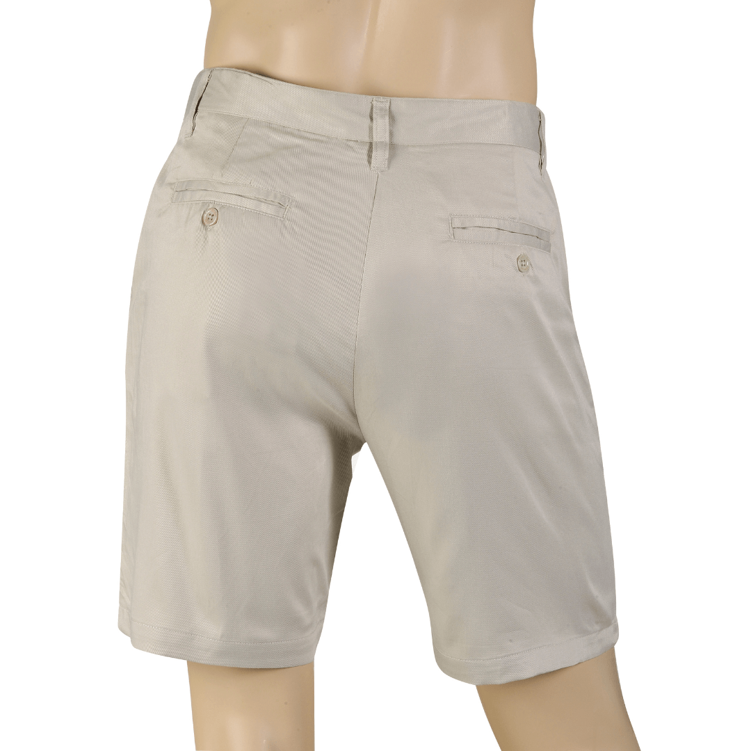 Back view of Bone coloured Kingston Grange bamboo chino shorts available from Stewart's Menswear in Mullumbimby.