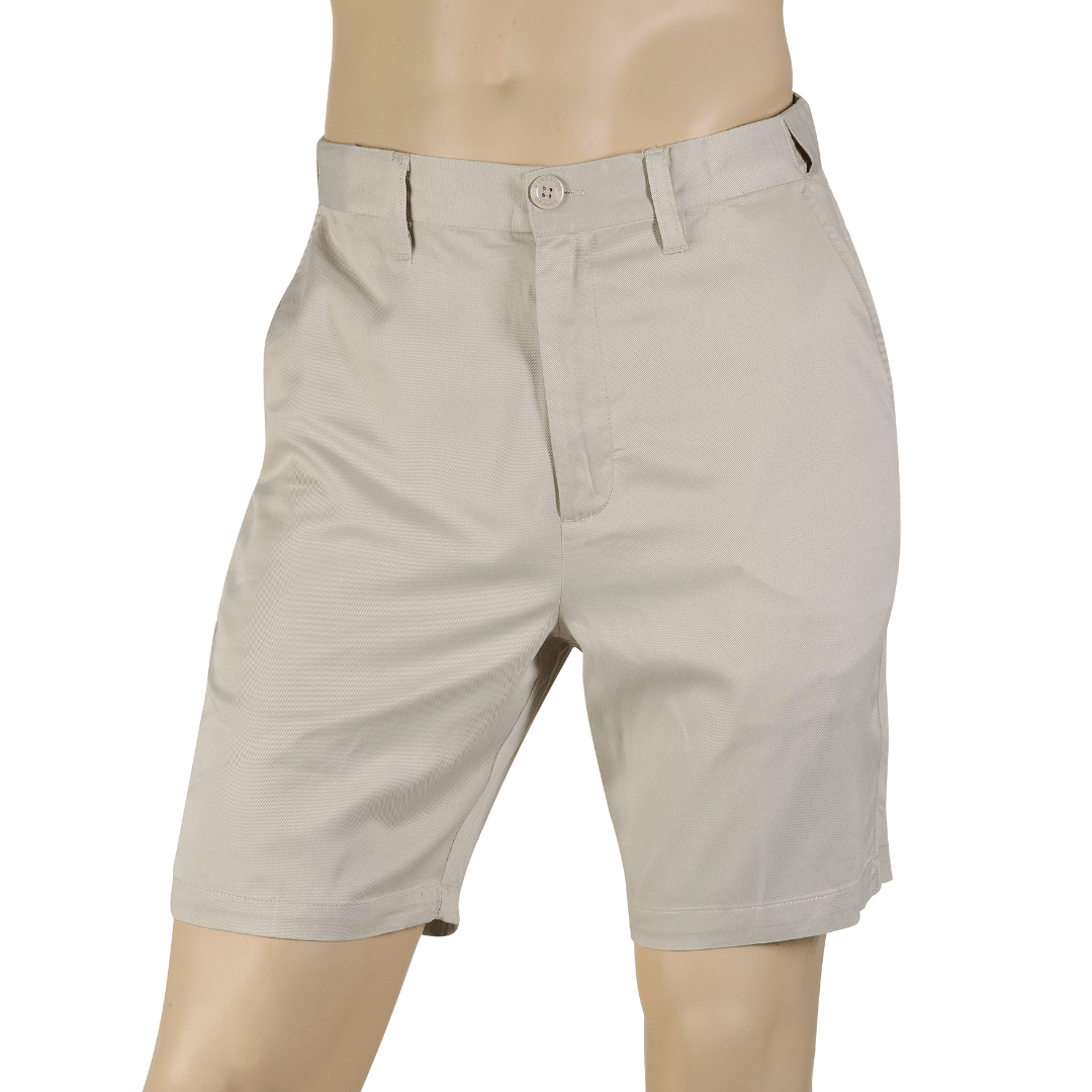 Front view of Bone coloured Kingston Grange bamboo chino shorts available from Stewart's Menswear in Mullumbimby.