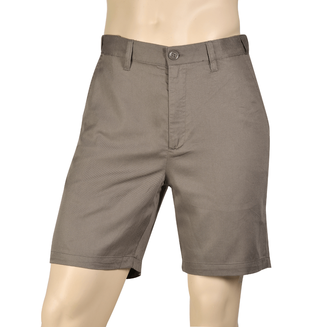 Front view of Jungle coloured Kingston Grange bamboo chino shorts available from Stewart's Menswear in Mullumbimby.