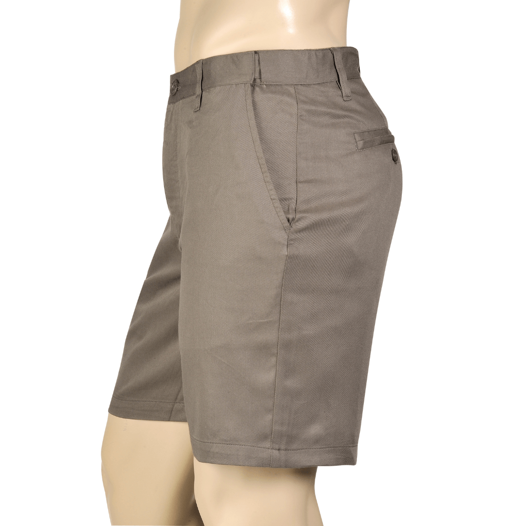 Side view of Jungle coloured Kingston Grange bamboo chino shorts available from Stewart's Menswear in Mullumbimby.