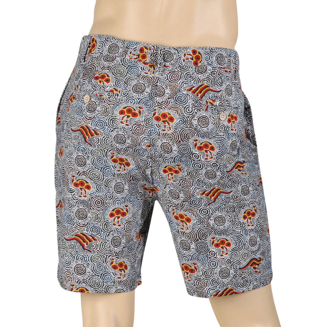 Back view of Kingston Grange Bamboo Dreaming men's printed shorts available from Stewart's Menswear in Mullumbimby. Australian animals aboriginal print bamboo shorts.
