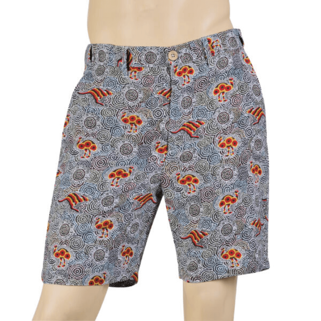 Front view of Kingston Grange Bamboo Dreaming men's printed shorts available from Stewart's Menswear in Mullumbimby. Australian animals aboriginal print bamboo shorts.