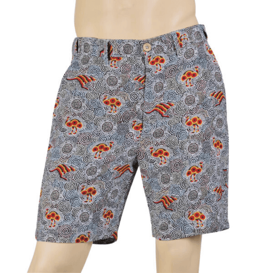 Front view of Kingston Grange Bamboo Dreaming men's printed shorts available from Stewart's Menswear in Mullumbimby. Australian animals aboriginal print bamboo shorts.