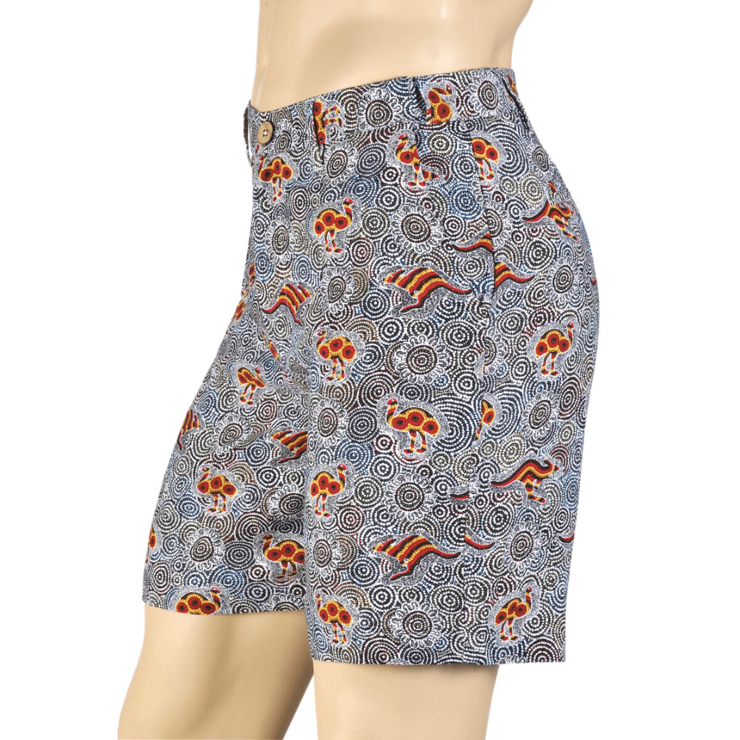 Side view of Kingston Grange Bamboo Dreaming men's printed shorts available from Stewart's Menswear in Mullumbimby. Australian animals aboriginal print bamboo shorts.