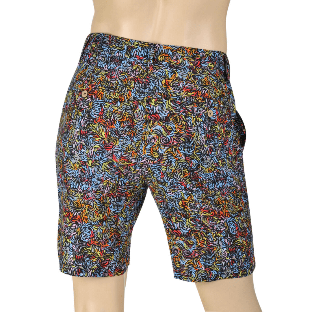 Back view of Kingston Grange Bamboo Dreaming men's printed shorts available from Stewart's Menswear in Mullumbimby. Bright coloured aboriginal print bamboo shorts.