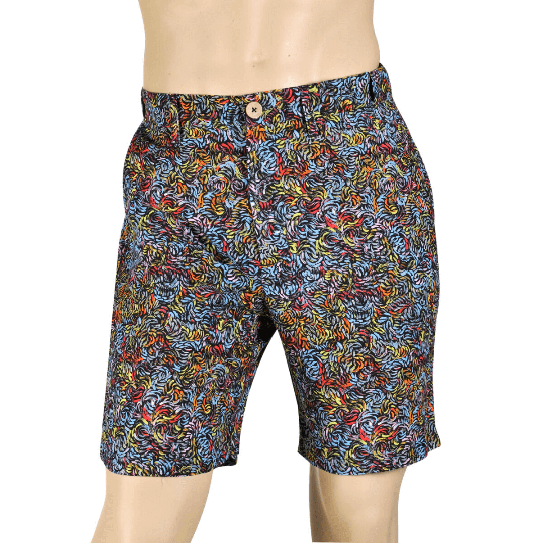 Front view of Kingston Grange Bamboo Dreaming men's printed shorts available from Stewart's Menswear in Mullumbimby. Bright coloured aboriginal print bamboo shorts.