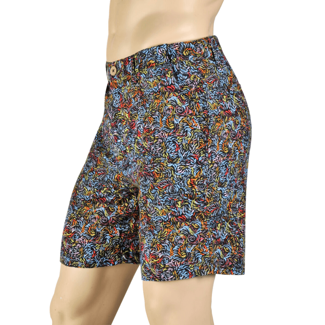 Side view of Kingston Grange Bamboo Dreaming men's printed shorts available from Stewart's Menswear in Mullumbimby. Bright coloured aboriginal print bamboo shorts.