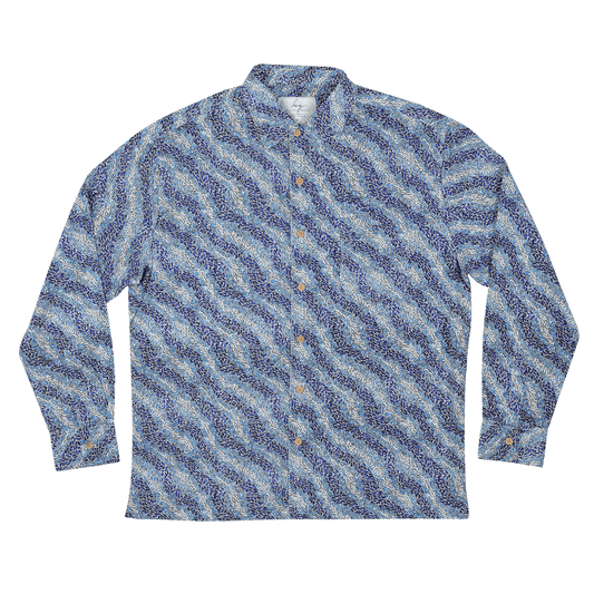 Stewart's Menswear, Mullumbimby. Kingston Grange bamboo long sleeve shirt, Fire Country. An indigenous print shirt featuring predominately blues and white.