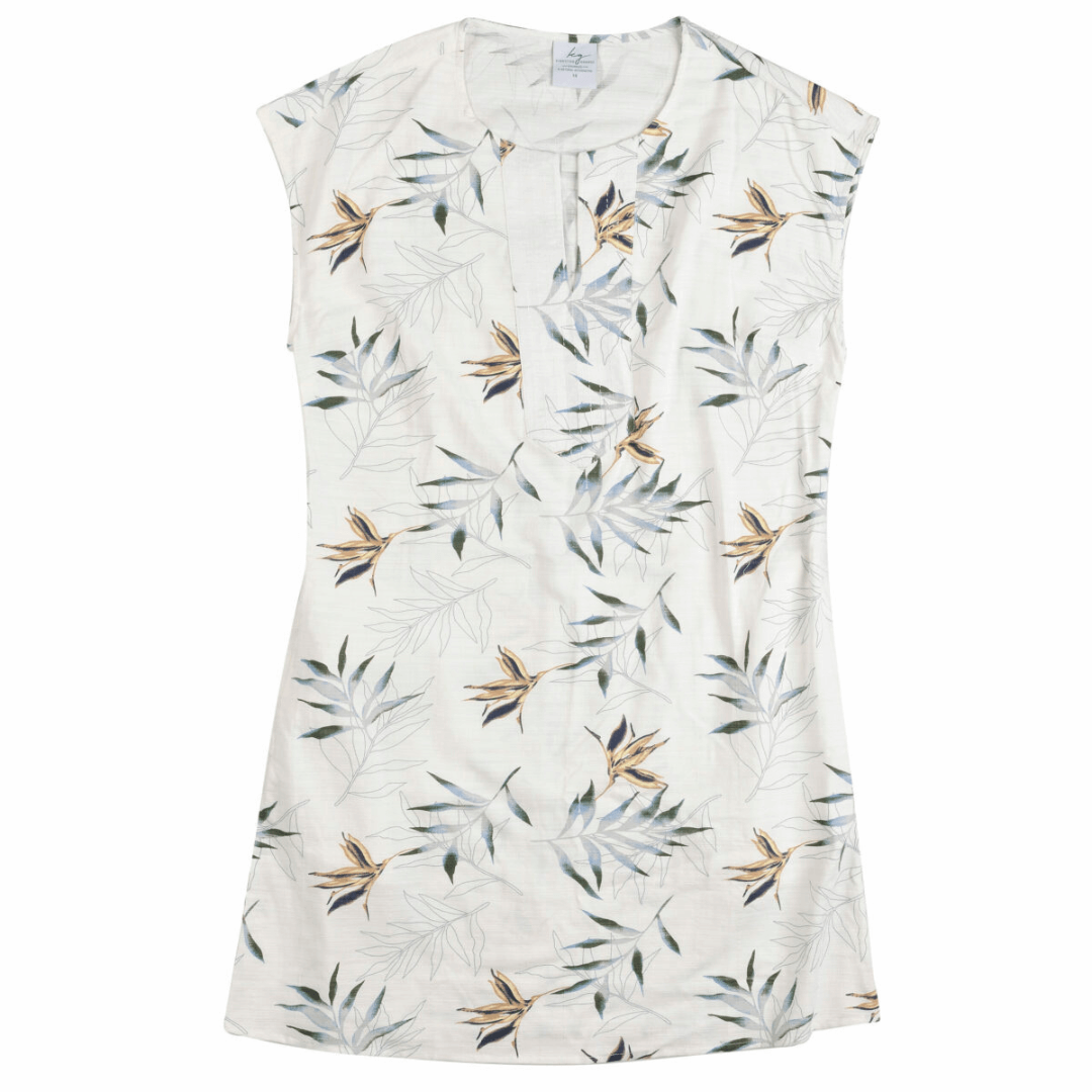 Stewarts Menswear Kingston Grange Bamboo ladies dress. Colour is Fern. White background with khaki and grey leaf print all over.