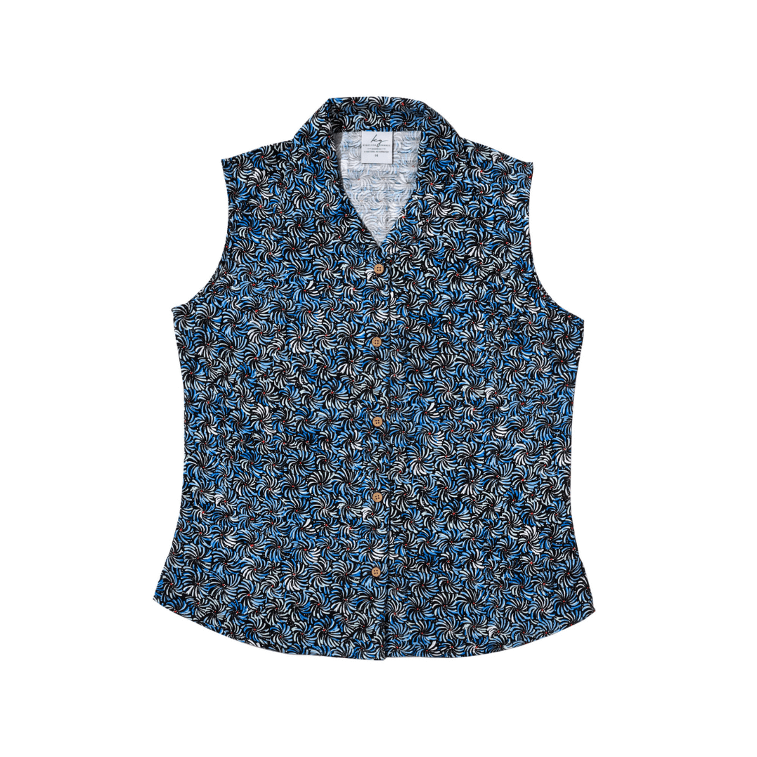 Stewarts Menswear Kingston Grange Bamboo ladies sleeveless blouse. Colour is blue bush banana. Predominantly blue with indigenous brush stroke print all over.