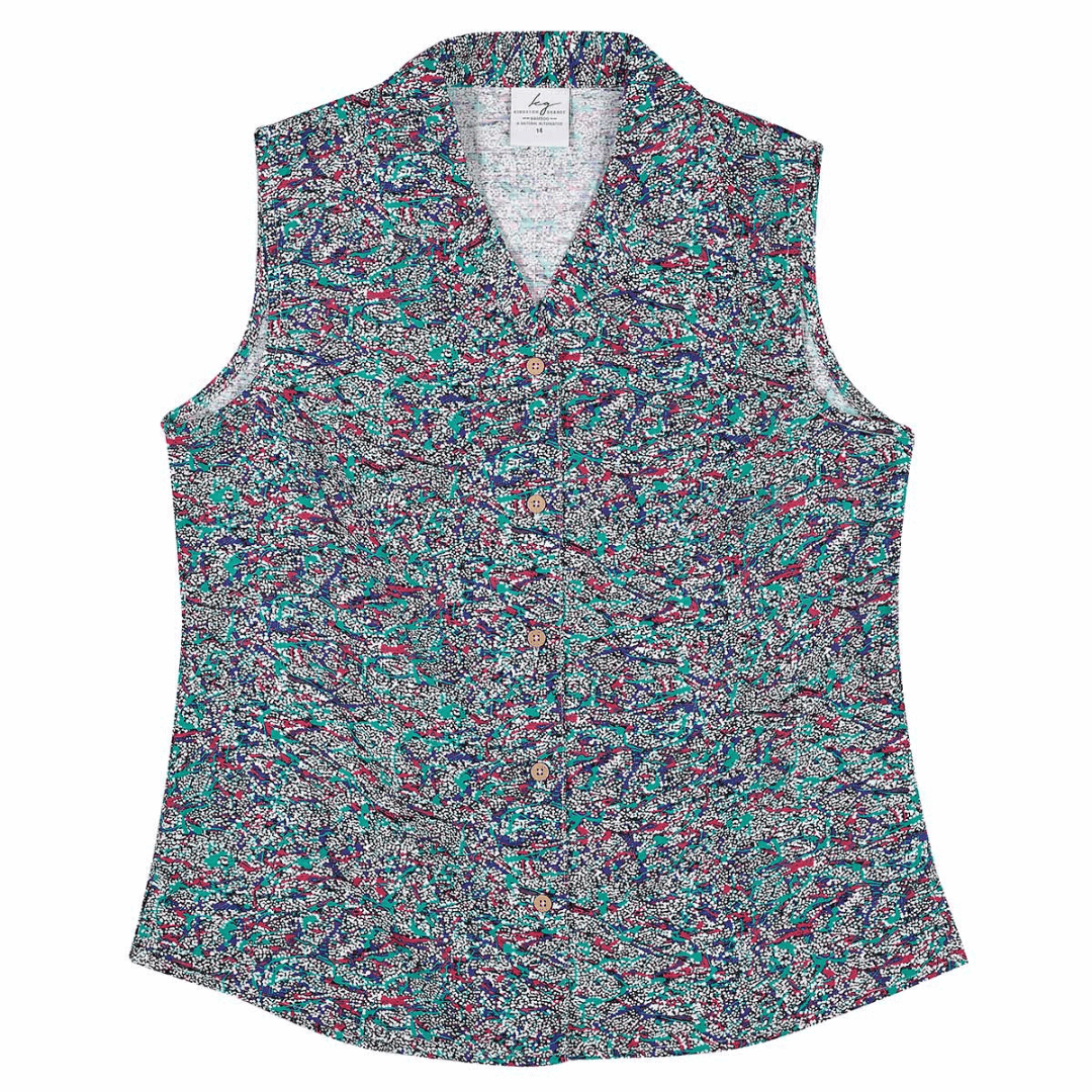 Stewarts Menswear Kingston Grange Bamboo ladies sleeveless blouse. Colour is Emu Dreaming. An indigenous print in tones of purple, pink and aqua.