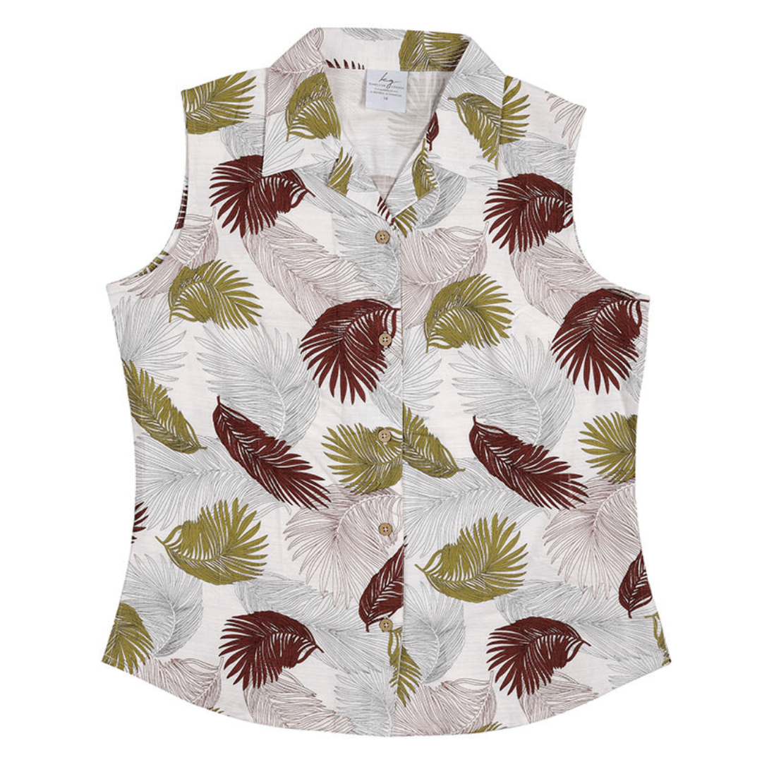 Stewarts Menswear Kingston Grange bamboo ladies sleeveless blouse. Colour is Urban Jungle. White background with maroon and khaki leaf print all over.