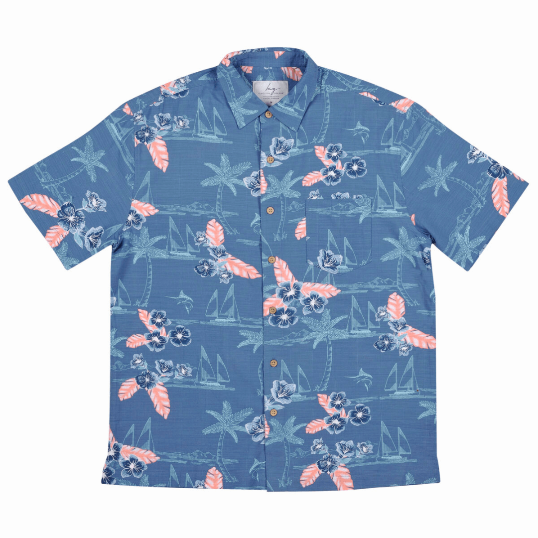 Blue shirt with tropical pattern inspired by island life in tropical North Queensland. Kingston Grange bamboo shirt Hamilton Island print available from Stewart's Menswear in Mullumbimby