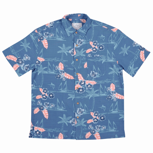 Blue shirt with tropical pattern inspired by island life in tropical North Queensland. Kingston Grange bamboo shirt Hamilton Island print available from Stewart's Menswear in Mullumbimby