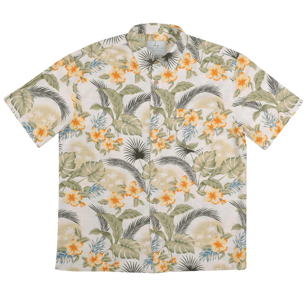 Stewarts Menswear Kingston Grange Bamboo Shirt. White background with orange hibiscus, khaki & black leaves. Print is called Maui.