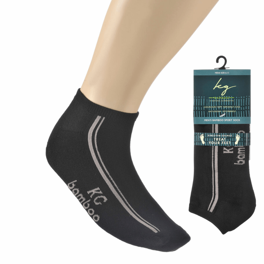 Kingston Grange men's bamboo sport sock in black. short ankle length, soft and naturally cooling, available at Stewart's Menswear Mullumbimby.