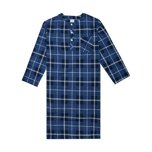 Stewarts Menswear Koala Clothing Cosy Suede Flannelette Nightshirt. Koala Clothing's Men's Cosy Suede Flannelette Nightshirts are made from 100% cotton. Guaranteed to get softer with each wash, cosy and comfortable every time. Colour is a check design. Both light and dark blue with a white contrast.