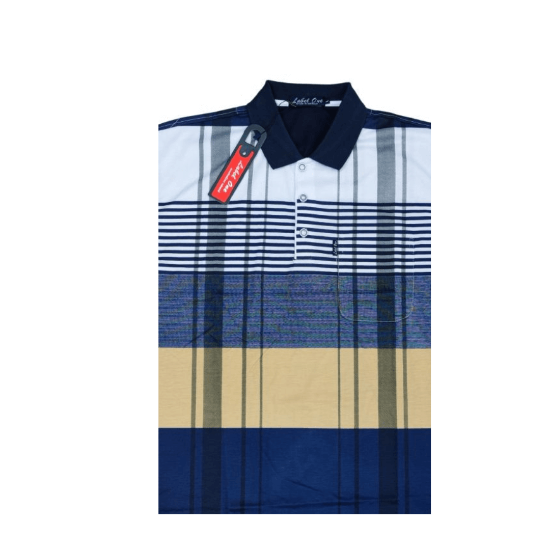 Stewarts Menswear Koala Clothing Label One Easy Care Cotton Rich Polo Shirt. Colour is described as navy/tan. A polo shirt with colour blocked horizontal stripes coloured Navy and Tan with self patterns and lighter Navy vertical stripes over the top.