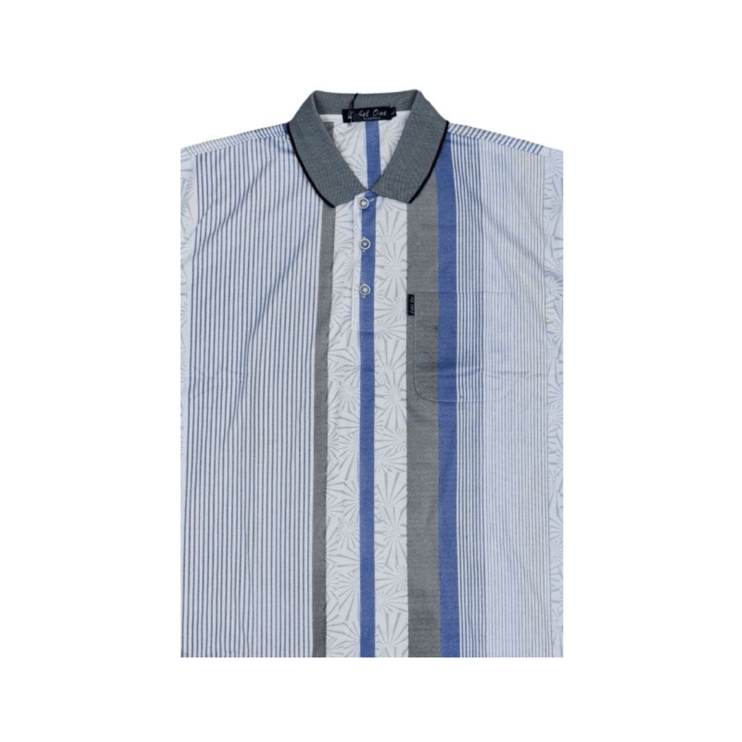 Stewarts Menswear Koala Clothing Label One Easy Care Cotton Rich Polo Shirt. Colour is described as navy. A predominately light blue polo shirt with grey and navy vertical stripes and self patterns.