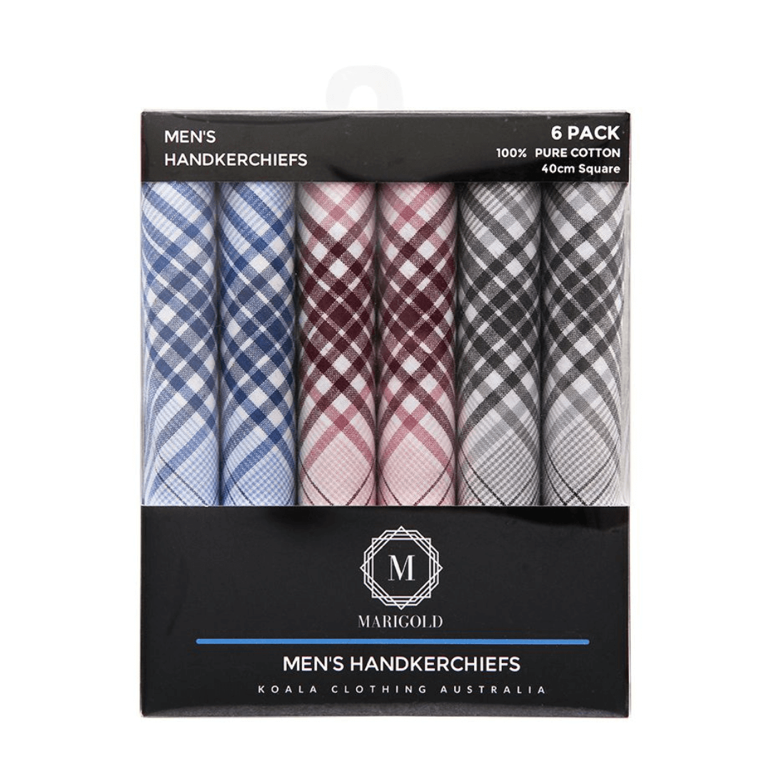 Stewarts Menswear Koala Clothing Mens Hankies 6 pack. Mens Handkerchiefs assorted checks. 2 x blue, 2 x maroon, 2 x grey. A gift pack of high quality 100% cotton handkerchiefs is a thoughtful gift which is light and can be wrapped and packaged easily for posting  These hankies are made of high quality 100% cotton that is soft and gentle on the skin and they are presented in a nice gift pack.