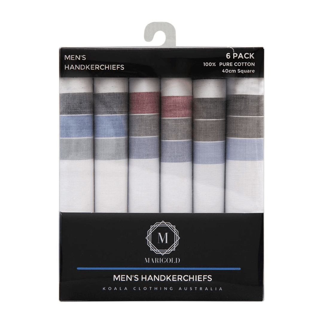 Stewarts Menswear Koala Clothing Men's hankies 6 pack. Mens Handkerchiefs, wide stripe pattern on white hankies, pack of 6 in a gift box. A gift pack of high quality 100% cotton handkerchiefs is a thoughtful gift which is light and can be wrapped and packaged easily for posting  These hankies are made of high quality 100% cotton that is soft and gentle on the skin and they are presented in a nice gift pack.