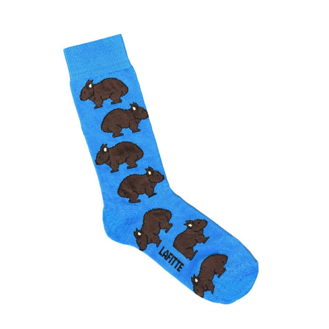 Stewarts Menswear Lafitte Australian made socks. Colour is royal blue with wombats all over.