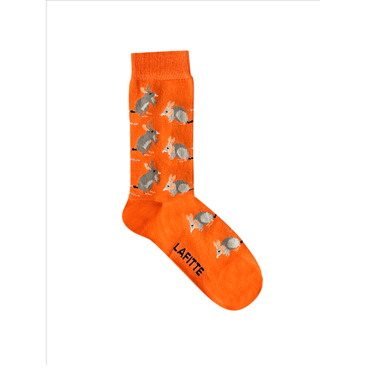 Orange sock with Bilby pattern and 'Lafitte' branding. Lafitte Australian made bamboo socks, endangered species. A portion of the sale goes to FAME.