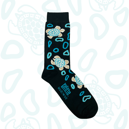 Lafitte Ngurambang Collection socks designed by Amy Kilby, made in Australia, available at Stewart's Menswear Mullumbimby. Design is named Tide and features sea turtles