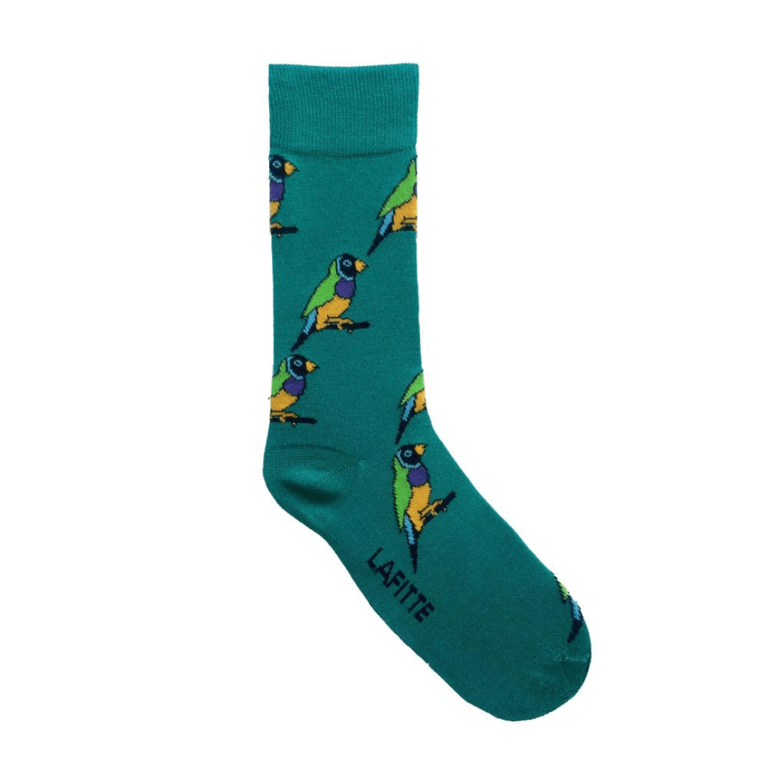 Lafitte have designed this Australian made range of super comfortable bamboo socks to bring awareness to Australia's most endangered species. Gouldian Finch numbers have declined significantly over the past 100 years, going from hundreds of thousands of birds to a current estimated population of just 2,500.  Jade coloured sock with Gouldian Finch images.